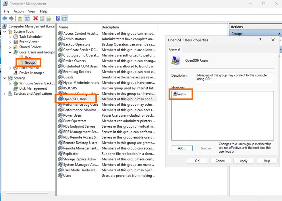 Computer Management Groups view with "OpenSSH Users" properties open and a Windows user added to Members.