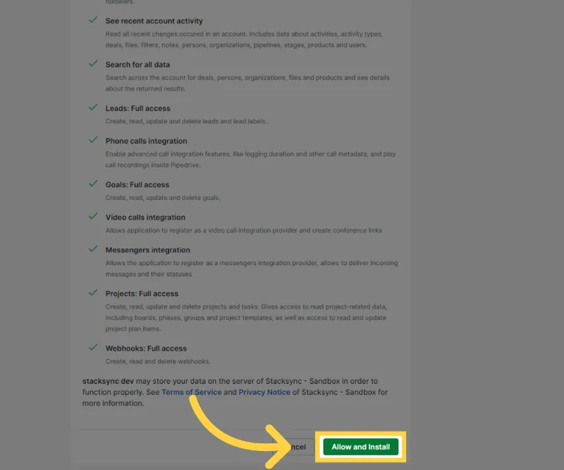 Pipedrive app permissions consent screen listing access scopes, with the "Allow and Install" button highlighted.