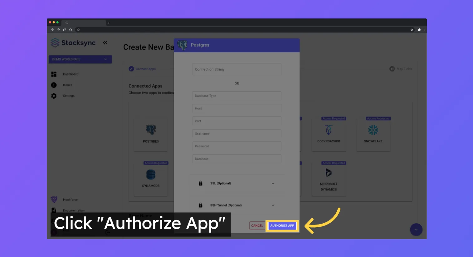 Stacksync Postgres connection dialog with the "Authorize App" button highlighted.