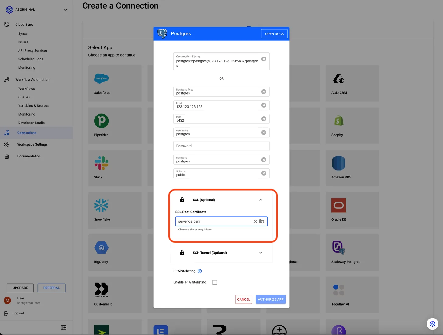 Stacksync Postgres connection dialog with the SSL (Optional) section expanded and "server-ca.pem" uploaded as the SSL Root Certificate.