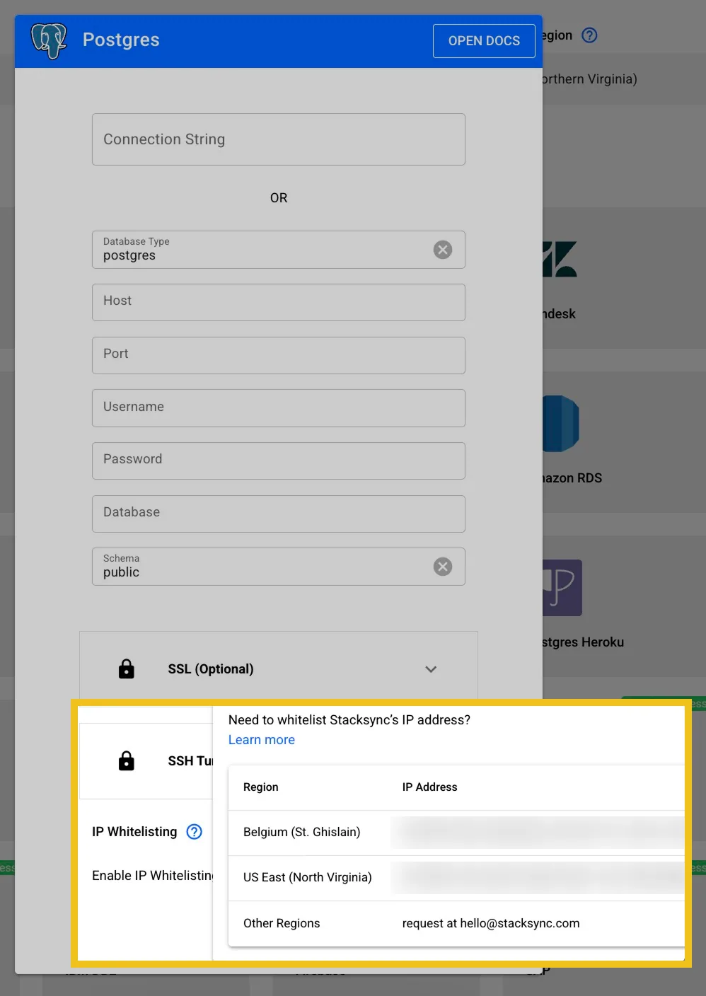 Stacksync Postgres connection form with the IP Whitelisting popup listing Stacksync IP addresses by region highlighted.
