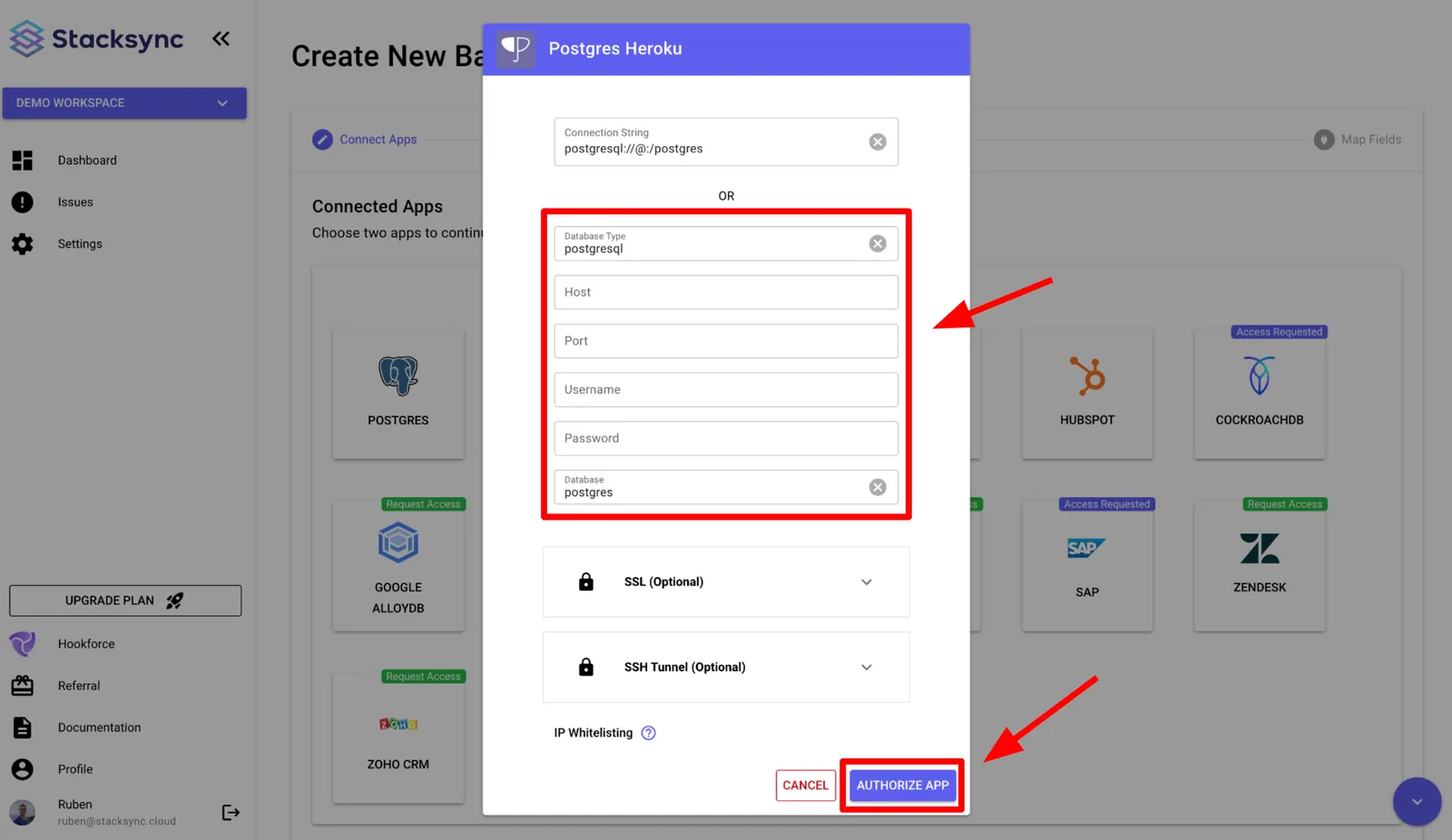 Stacksync Postgres connection dialog with Database Type "postgresql", Host, Port, Username, Password, Database fields and "Authorize App" highlighted.