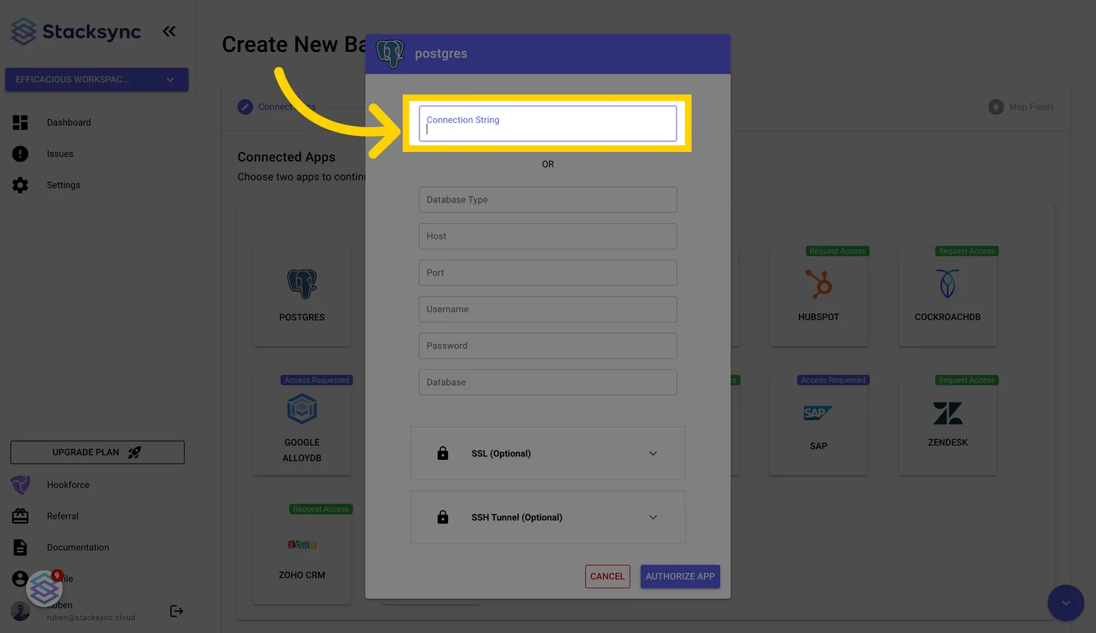Stacksync Postgres connection dialog with an arrow pointing to the empty "Connection String" field.