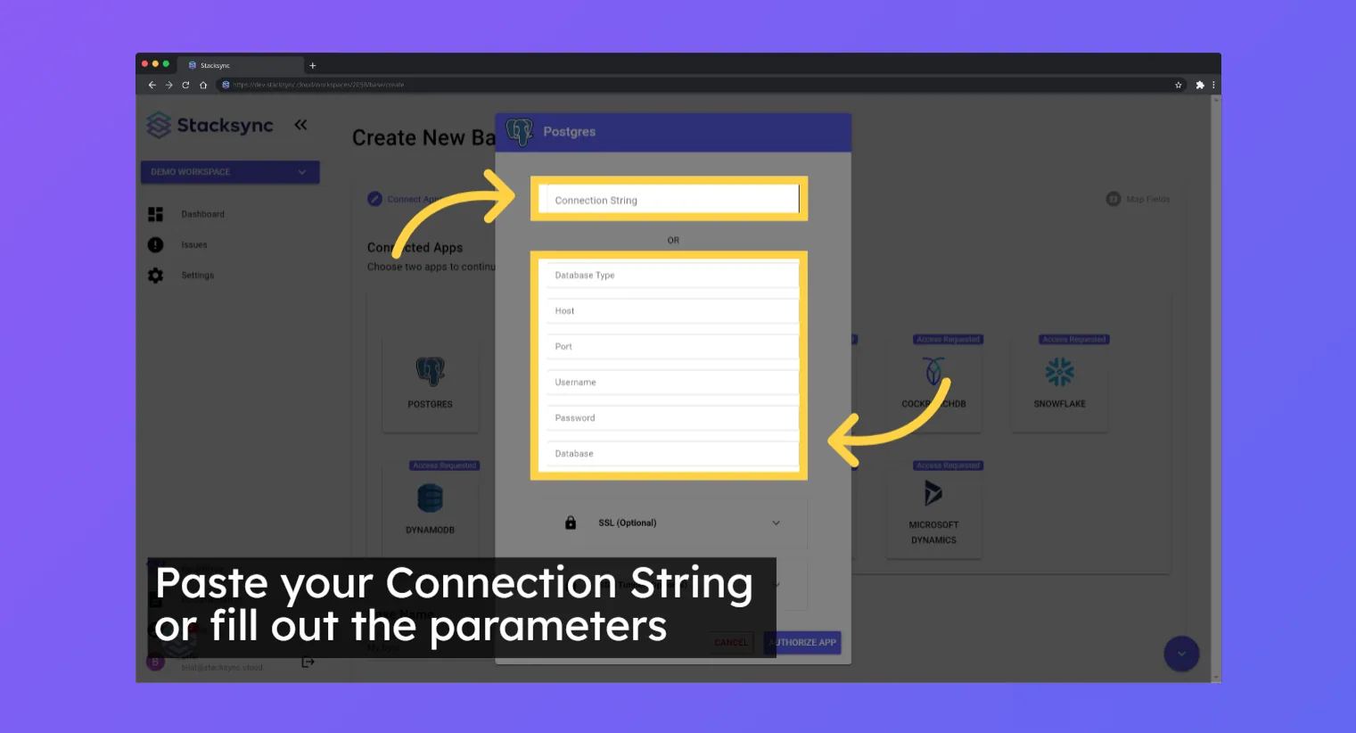 Stacksync Postgres dialog highlighting the Connection String field or the Database Type, Host, Port, Username, Password and Database fields.