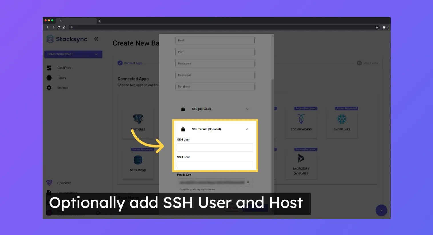 Stacksync Postgres dialog with the SSH Tunnel (Optional) section expanded showing SSH User and SSH Host fields.