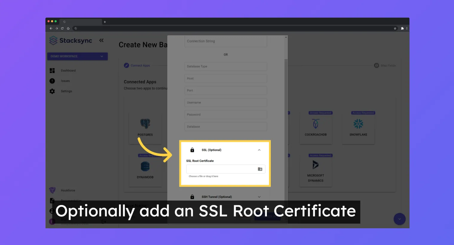 Stacksync Postgres dialog with the SSL (Optional) section expanded to upload an SSL Root Certificate.
