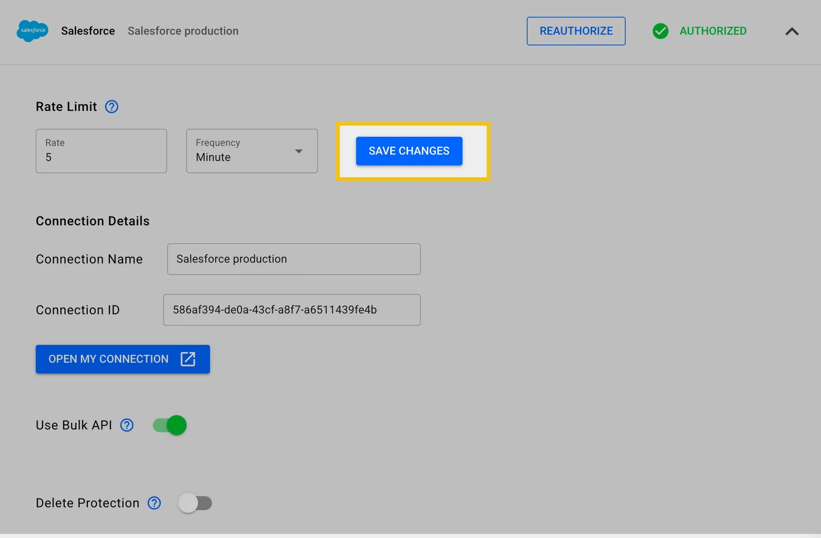 Stacksync Salesforce Rate Limit set to 5 per "Minute" with the "Save Changes" button highlighted.