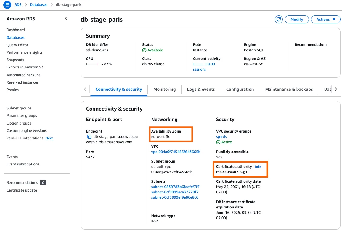 Amazon RDS db-stage-paris Connectivity & security tab with Availability Zone "eu-west-3c" and Certificate authority "rds-ca-rsa4096-g1" highlighted.