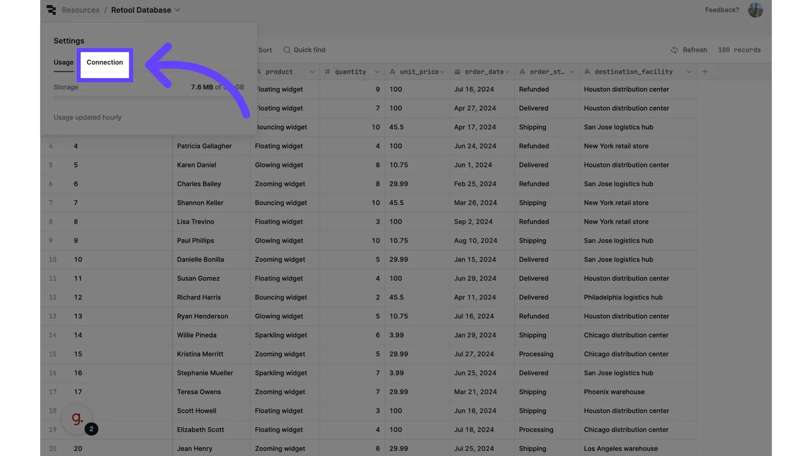 Retool Database Settings popover with an arrow pointing to the "Connection" tab.