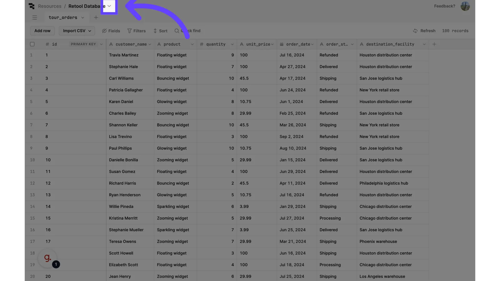 Retool Database table view with an arrow pointing to the dropdown next to "Retool Database" to reveal options.