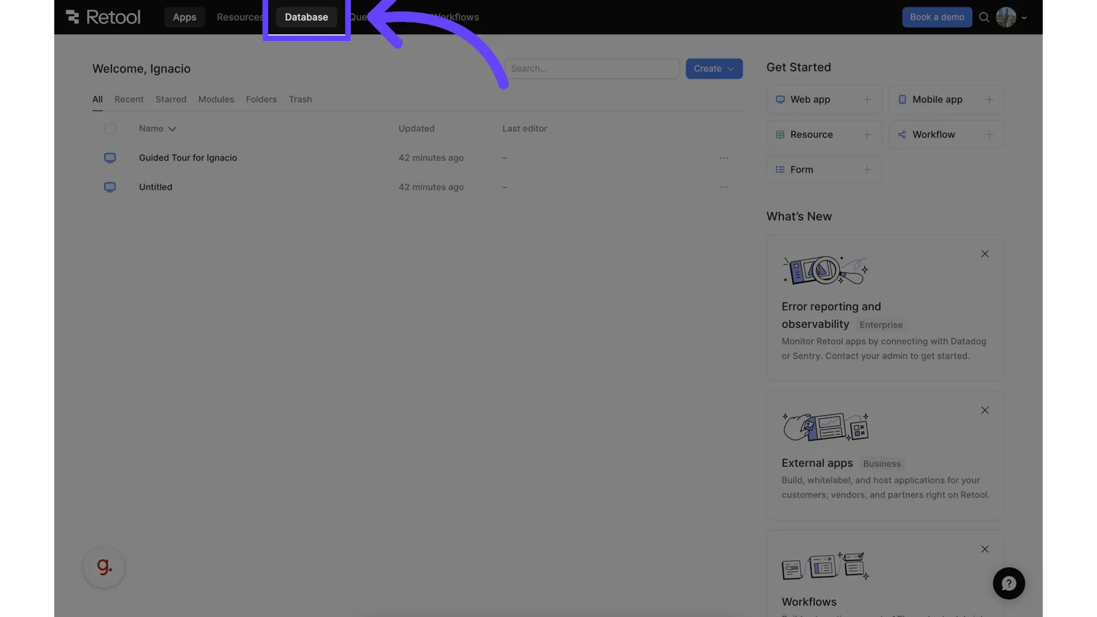 Retool home page with an arrow pointing to the "Database" tab in the top navigation.