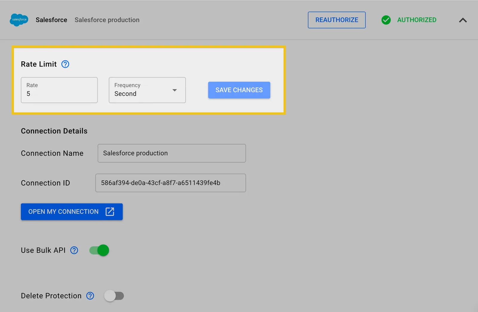Stacksync Salesforce connected app settings with the "Rate Limit" section (Rate 5, Frequency "Second") highlighted.