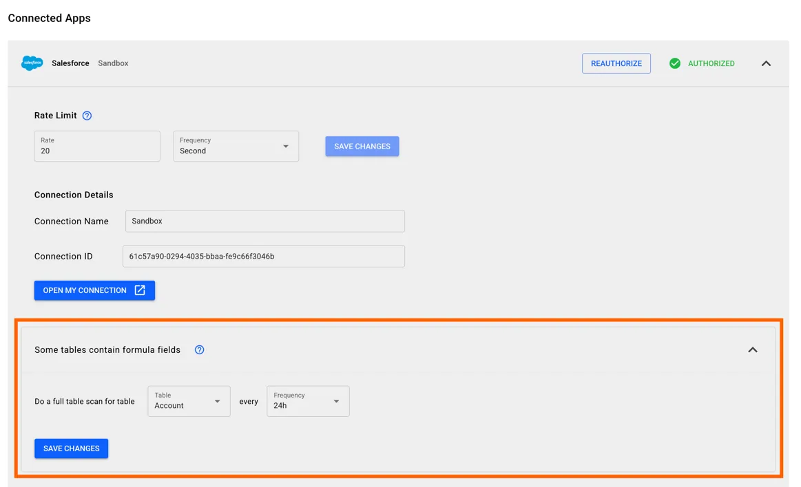 Stacksync Salesforce connected app settings with the formula fields option to do a full table scan of "Account" every "24h" highlighted.