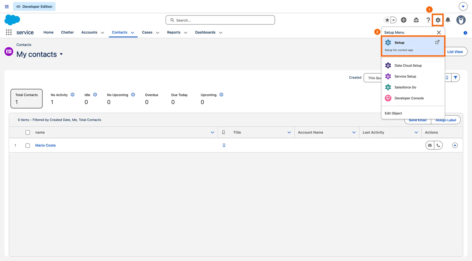 Salesforce gear icon menu open with the "Setup" option highlighted.