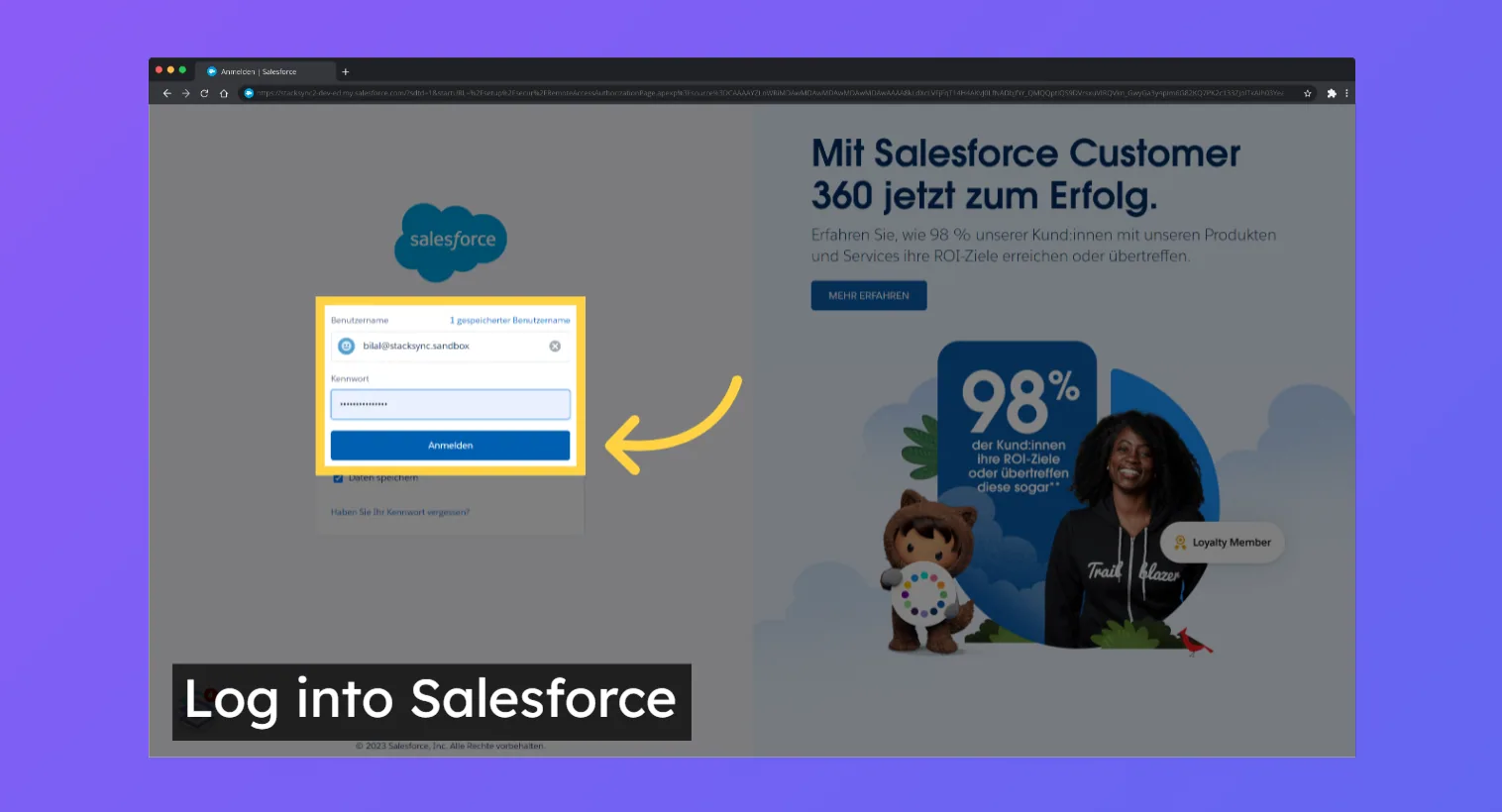 Salesforce login form with username and password filled in and the login button highlighted, captioned "Log into Salesforce".