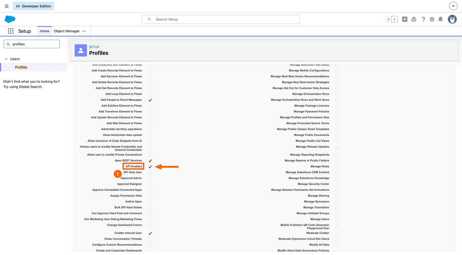 Salesforce profile Administrative Permissions with the "API Enabled" checkbox highlighted and checked.