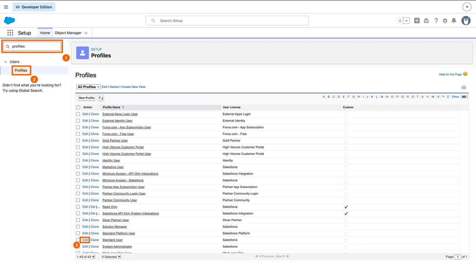 Salesforce Setup Profiles list found by searching "profiles", with the "Edit" link next to "Standard User" highlighted.