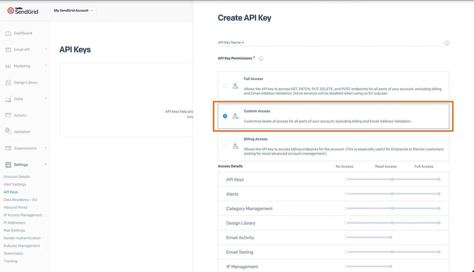 SendGrid "Create API Key" panel with "Custom Access" permissions selected and per-object access sliders below.