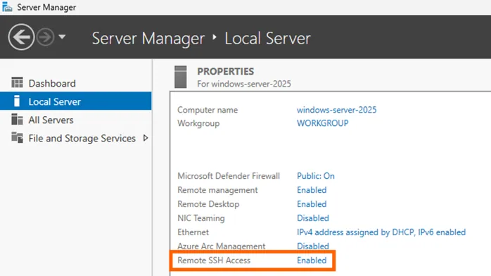 Windows Server 2025 Server Manager Local Server properties with "Remote SSH Access" set to "Enabled" and highlighted.
