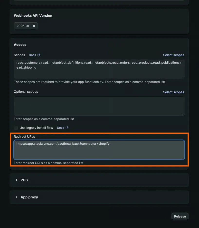 Shopify app Redirect URLs field highlighted with https://app.stacksync.com/oauth/callback?connector=shopify entered.