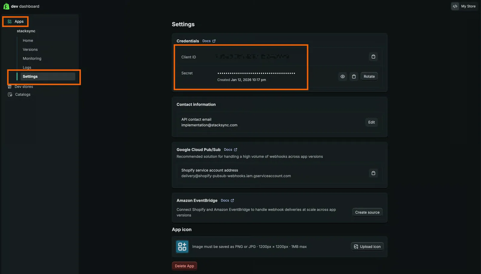 Shopify Dev Dashboard app Settings page with the Credentials section (Client ID and Secret) highlighted.