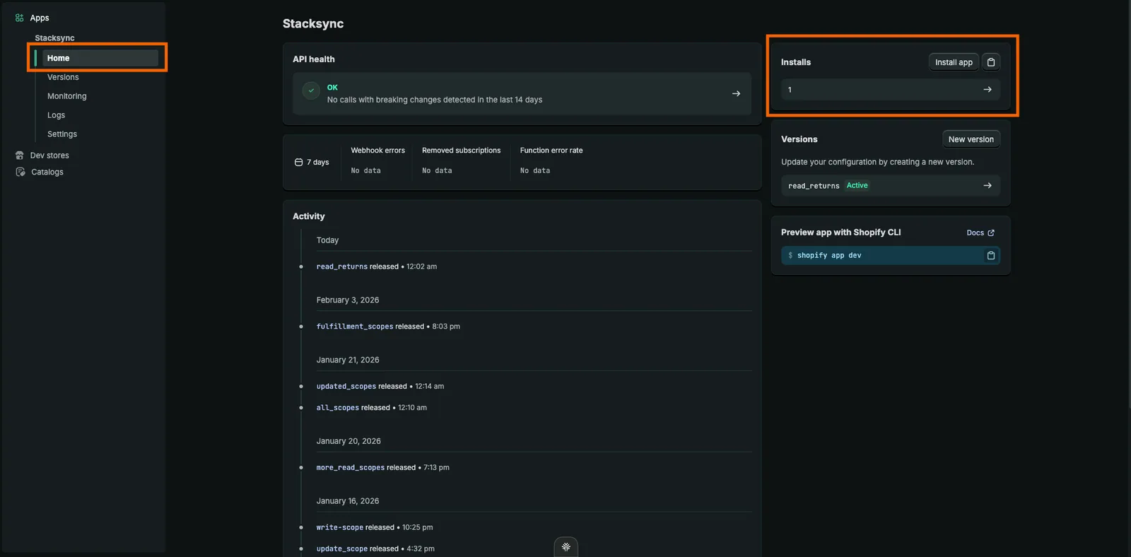 Shopify Dev Dashboard Stacksync app Home with the Installs card and "Install app" button highlighted to reinstall the app.