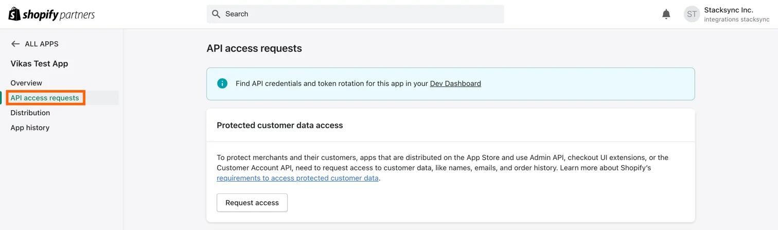 Shopify Partners app sidebar with "API access requests" highlighted, showing the Protected customer data access section.