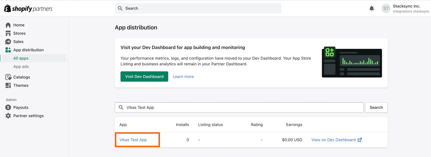 Shopify Partners "App distribution" page with the app used for the Stacksync connection highlighted in the app list.