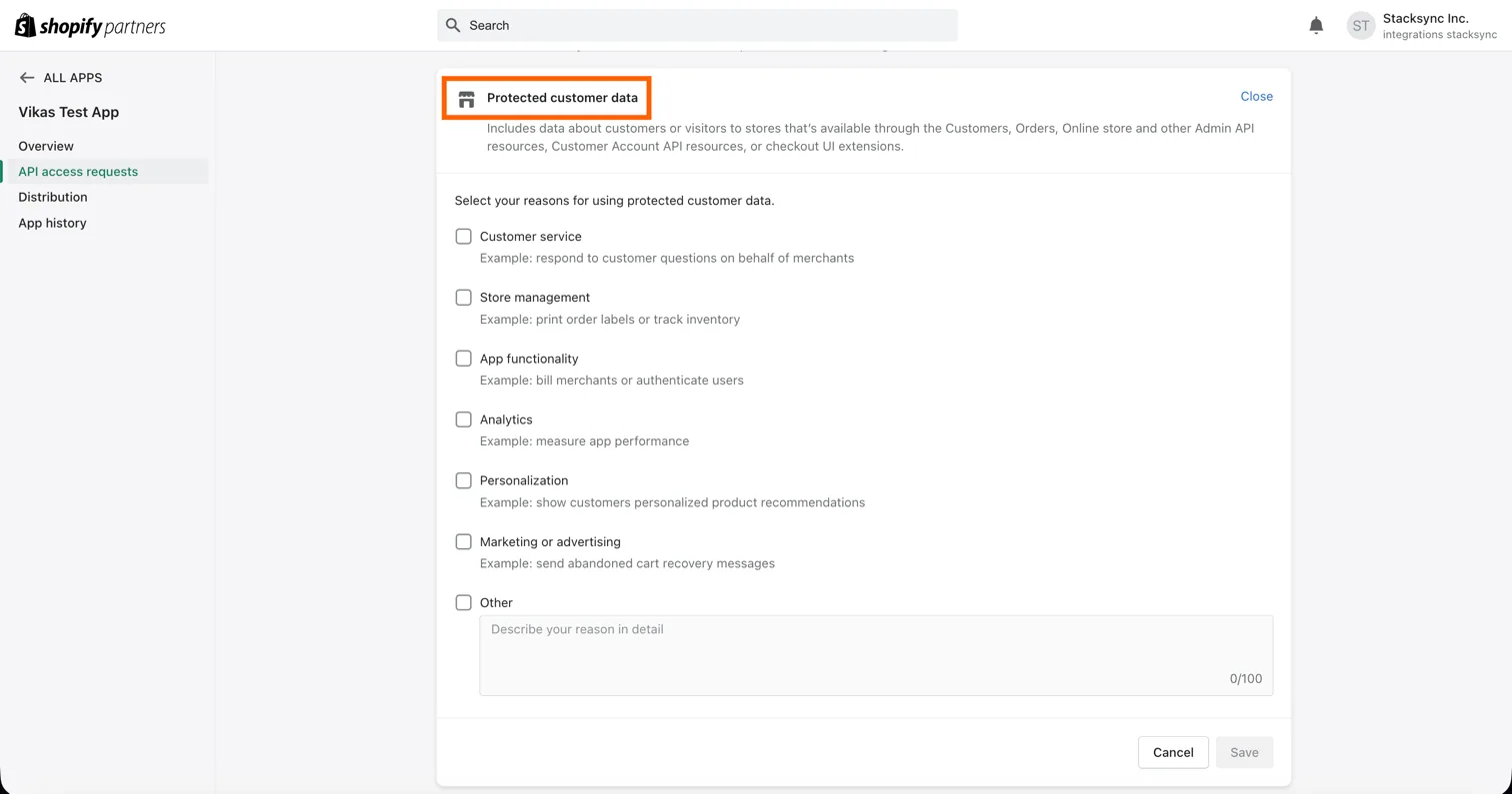 Shopify "Protected customer data" section highlighted, with checkboxes for reasons such as Customer service and Store management.