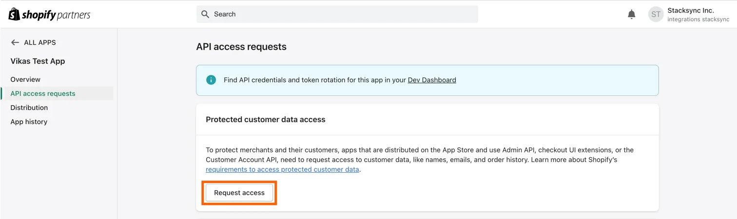 Shopify Partners API access requests page with the "Request access" button under Protected customer data access highlighted.