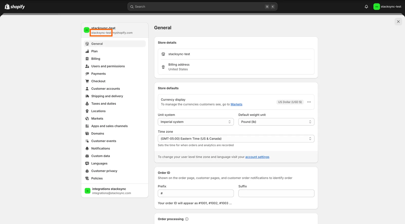 Shopify admin General settings with the shop name portion of the myshopify.com domain highlighted.