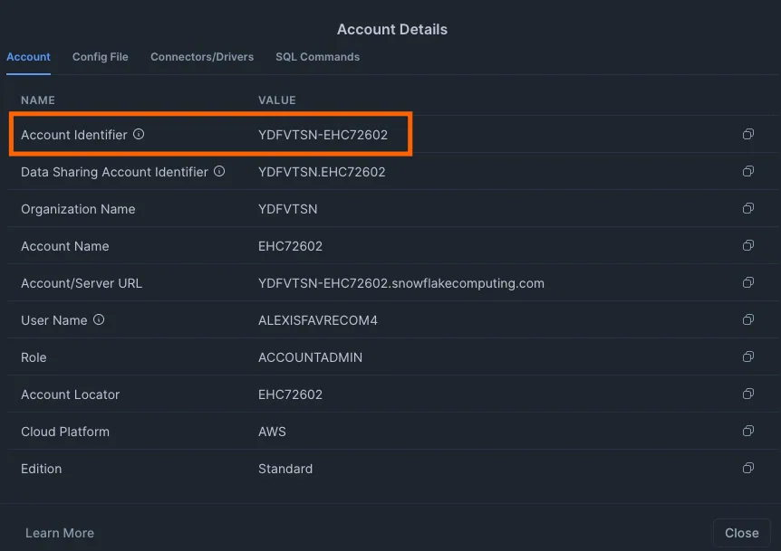 Snowflake Account Details dialog with the "Account Identifier" row and its value highlighted.