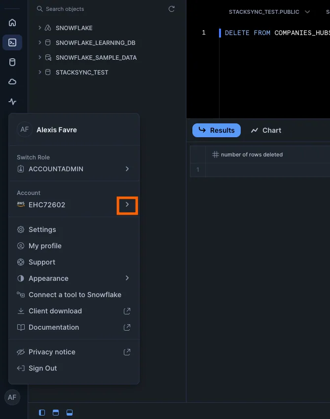 Snowflake user menu with the arrow next to the Account entry highlighted to open account details.