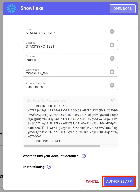 Stacksync Snowflake form filled with User, Database, Schema, Warehouse and Account Identifier, with "Authorize App" highlighted.