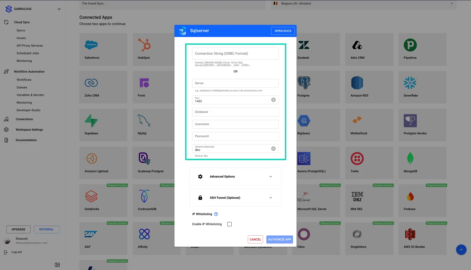 Stacksync SQL Server dialog with a Connection String field or Server, Port, Database, Username, Password and Schema parameters.