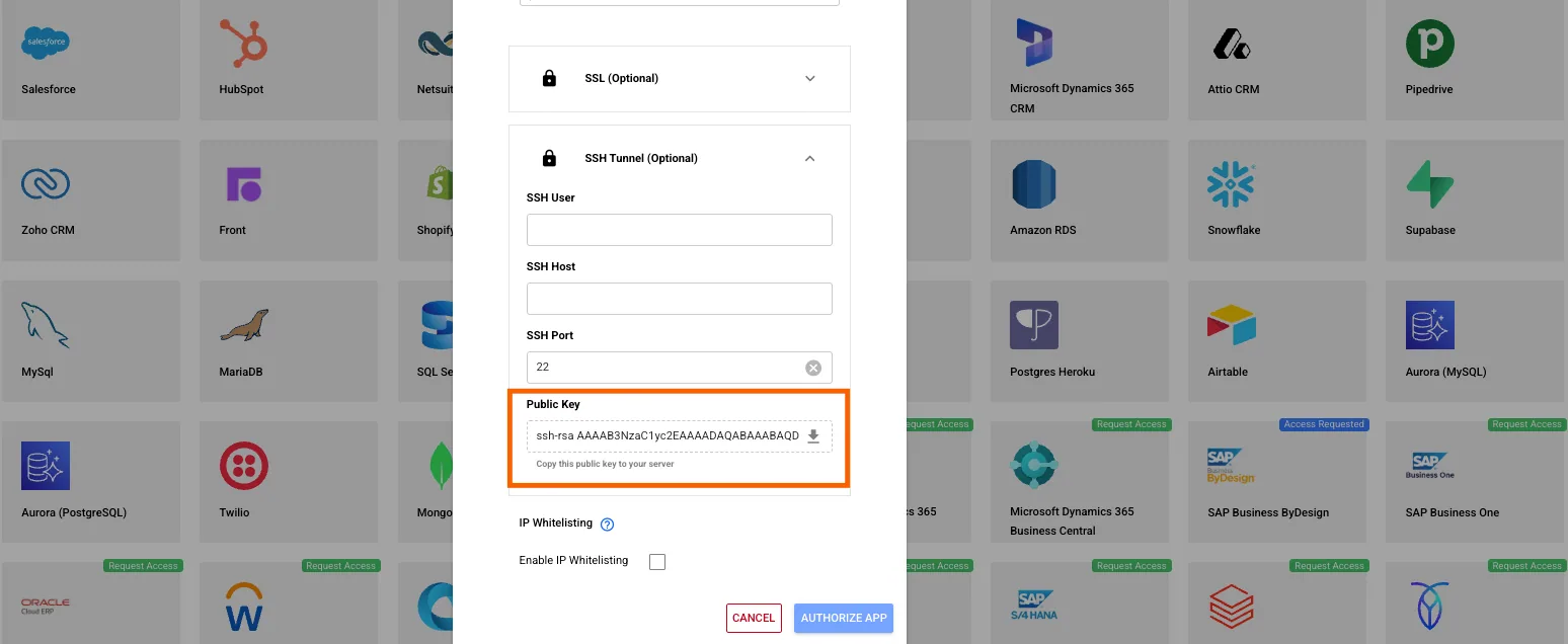 Stacksync connection form "SSH Tunnel (Optional)" section with the "Public Key" field highlighted to copy to your server.