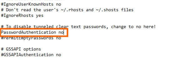 sshd_config with "PasswordAuthentication no" uncommented and highlighted to disable password logins over SSH.