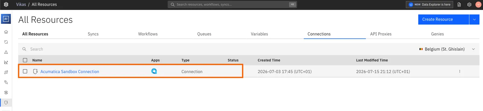Stacksync Connections list showing the new "Acumatica Sandbox Connection" highlighted