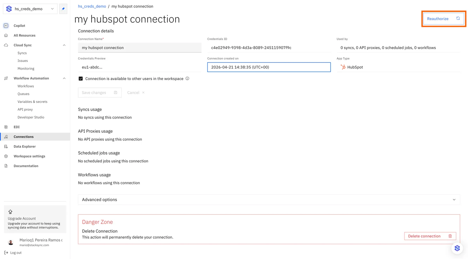 Stacksync connection details page for "my hubspot connection" with the "Reauthorize" button highlighted