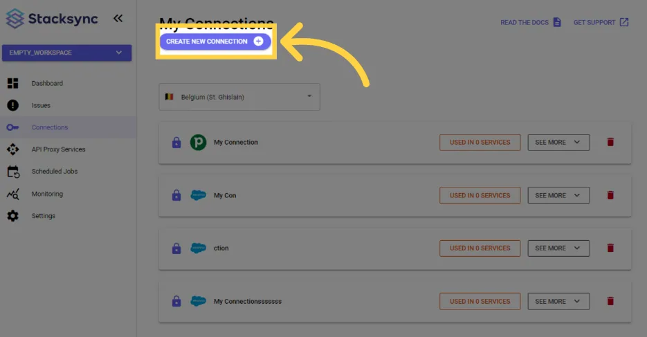Legacy Stacksync My Connections page with an arrow pointing to the "Create New Connection" button
