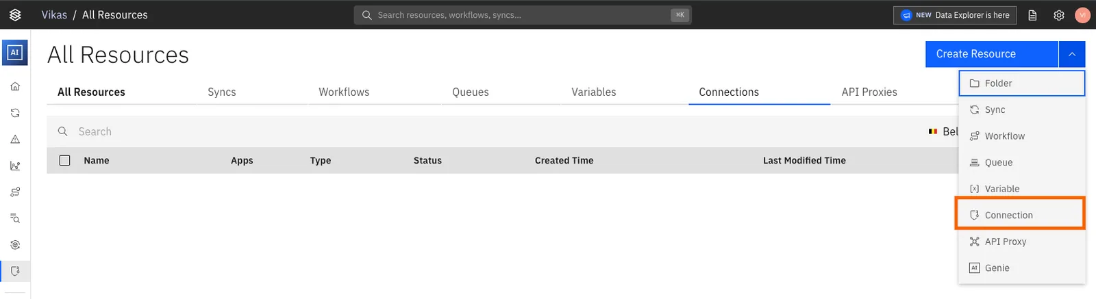 Stacksync All Resources page with the "Create Resource" menu open and "Connection" highlighted