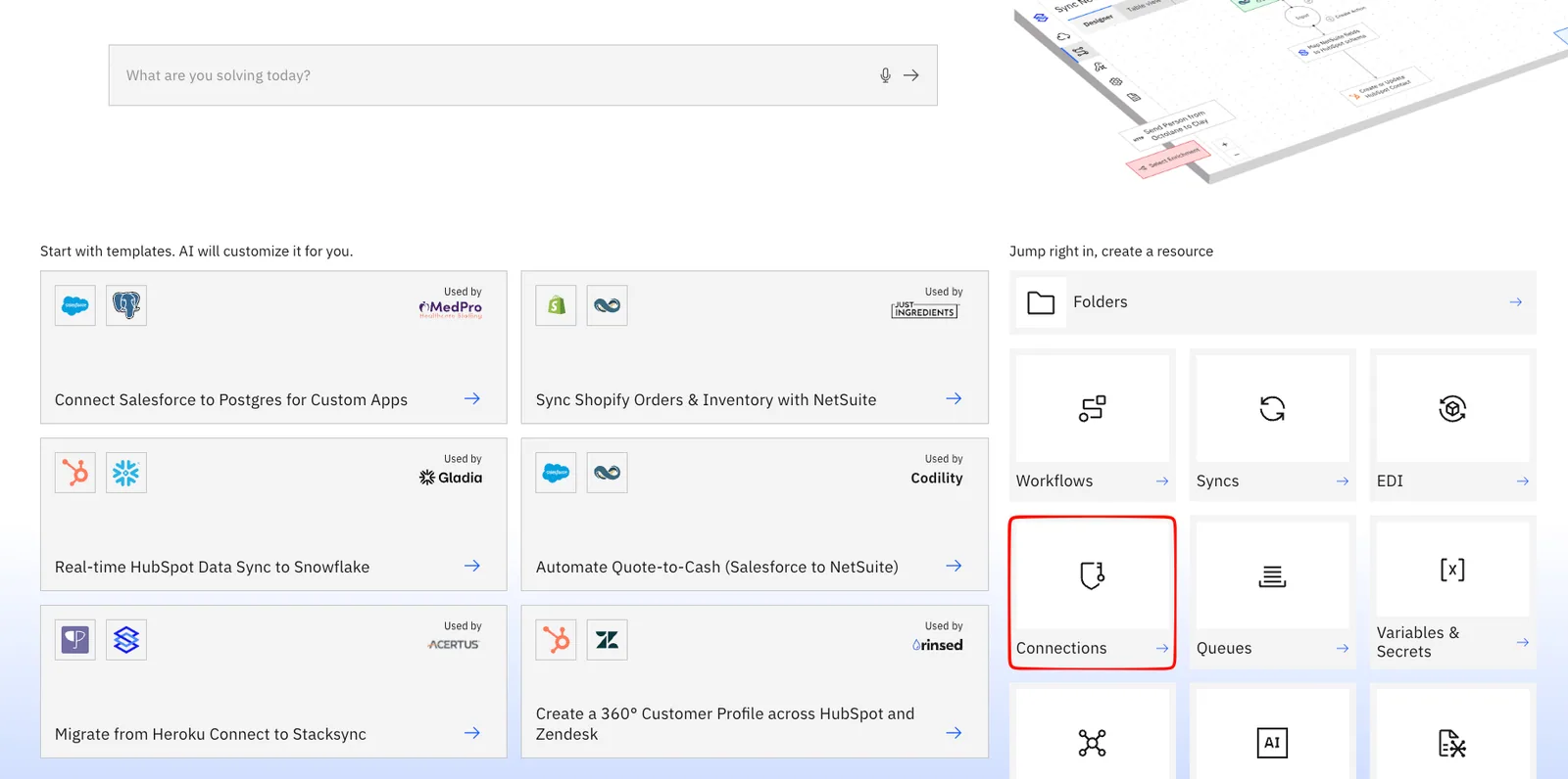 Stacksync home page with templates and resource tiles, with the "Connections" tile highlighted to create a new connection.