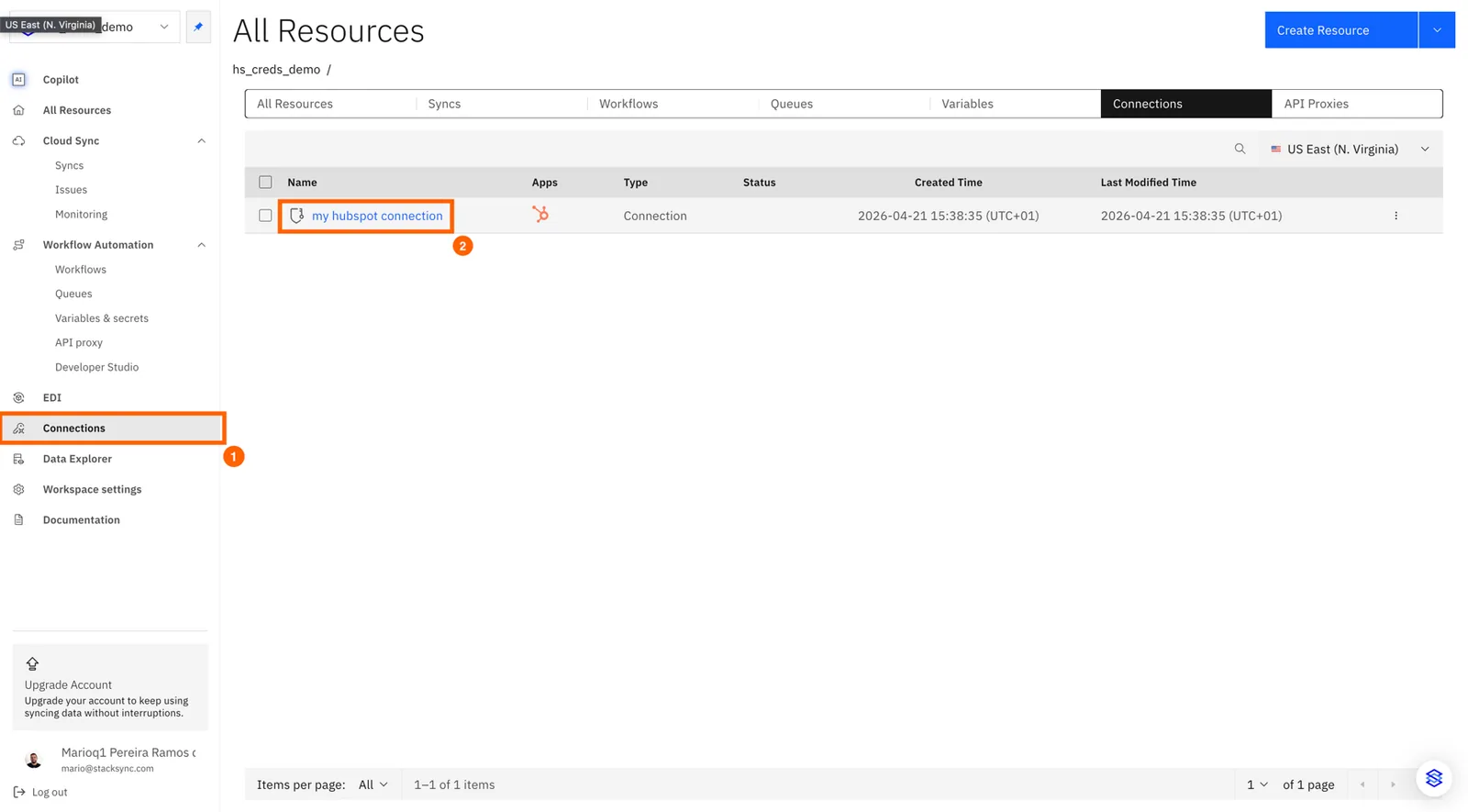 Stacksync sidebar "Connections" (1) and the "my hubspot connection" entry (2) highlighted in the connections list