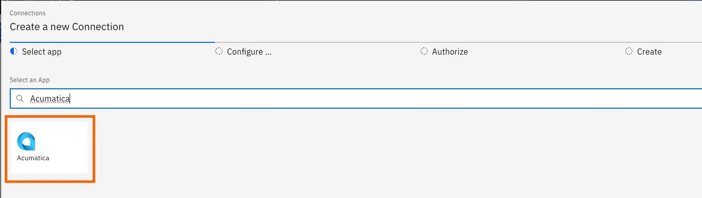 Stacksync "Create a new Connection" dialog with "Acumatica" searched and its app tile highlighted