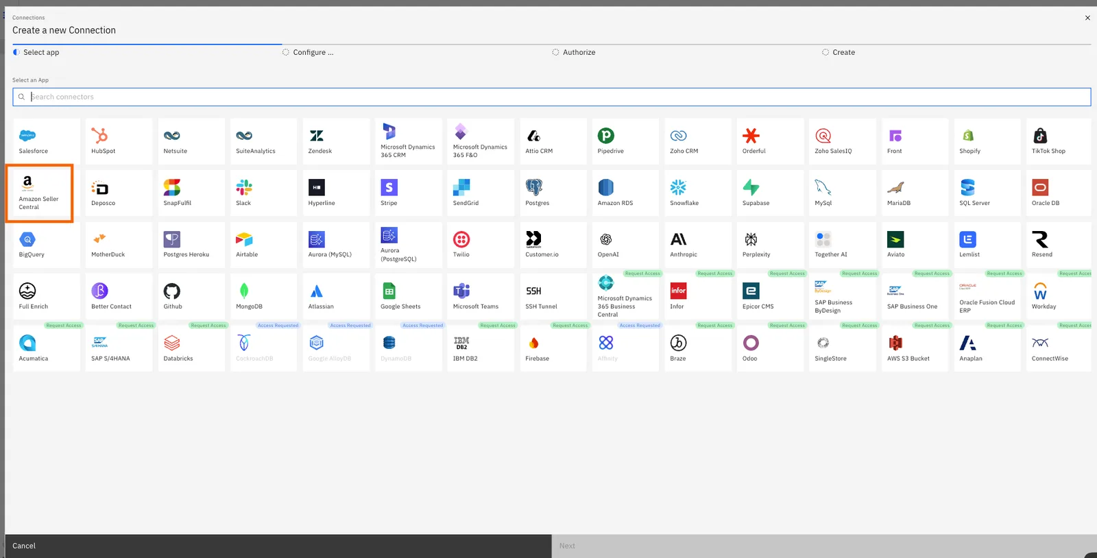 Stacksync "Create a new Connection" app grid with "Amazon Seller Central" highlighted