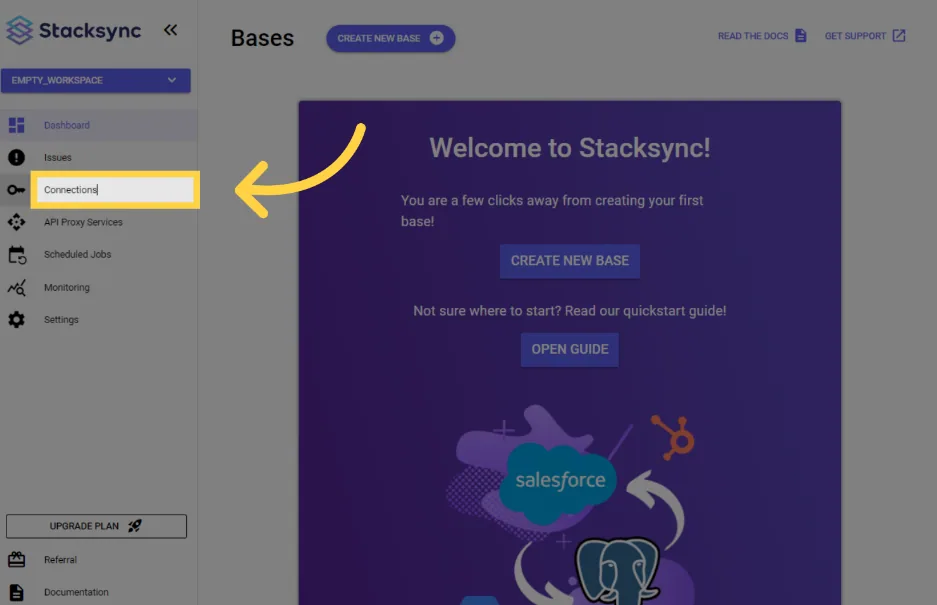 Stacksync dashboard with an arrow pointing to "Connections" in the left sidebar.