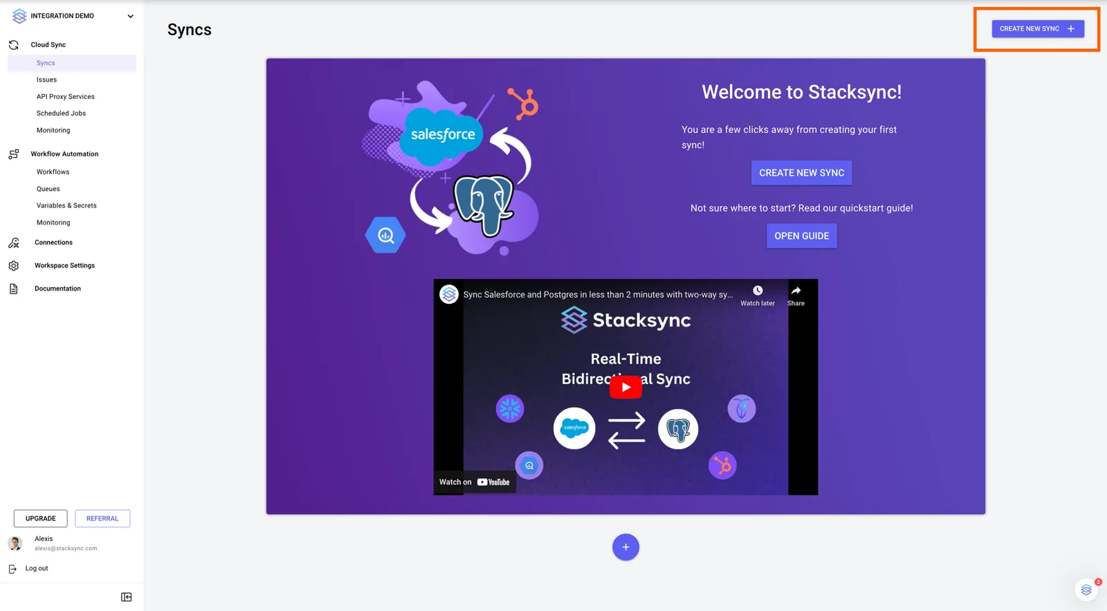 Stacksync Syncs page welcome screen with the "Create New Sync" button highlighted in the top right.