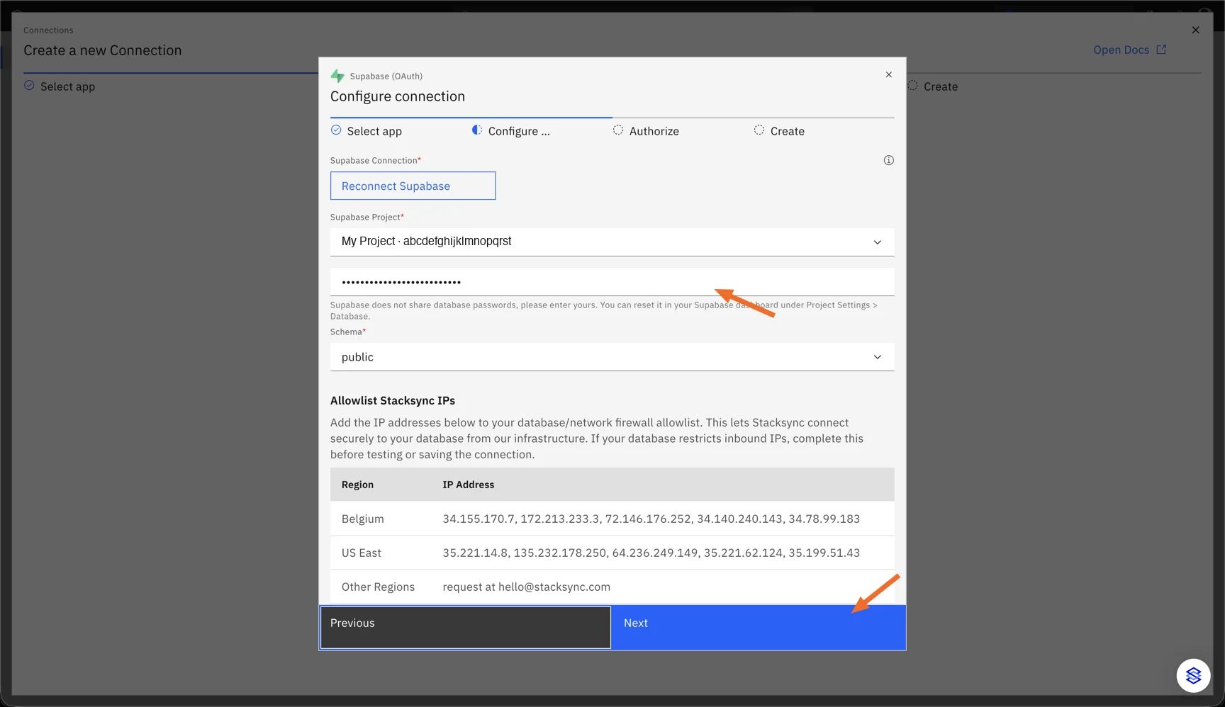 Stacksync "Configure connection" step for Supabase (OAuth) with a project selected, the database password filled in, the "public" schema, the Stacksync IP allowlist, and arrows pointing at the password field and the "Next" button.
