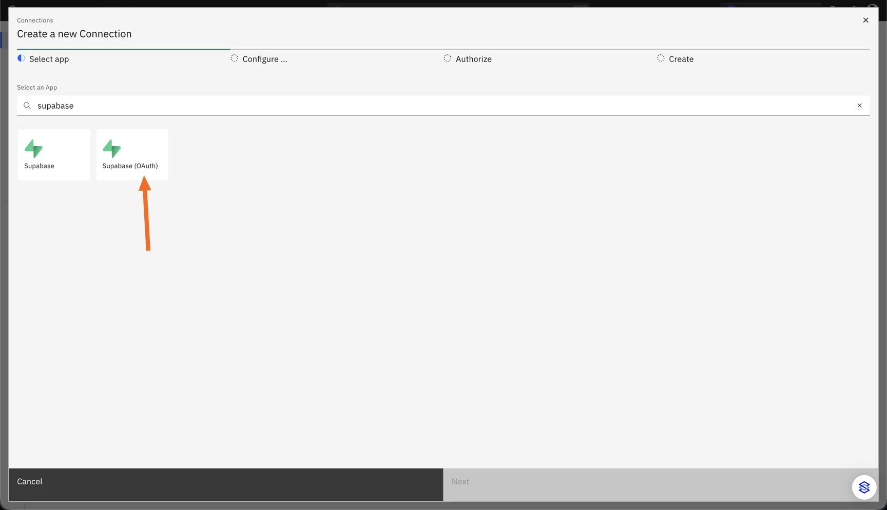 Stacksync "Create a new Connection" app picker filtered on "supabase", with an arrow pointing at the "Supabase (OAuth)" connector next to "Supabase".