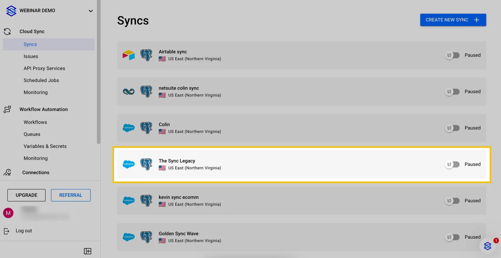 Stacksync Syncs list with the "The Sync Legacy" Salesforce to Postgres sync highlighted.